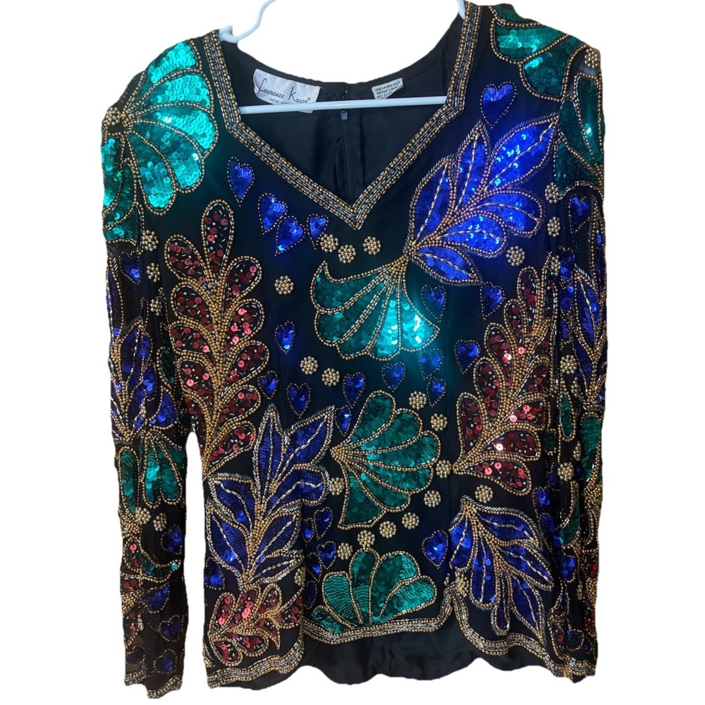 Vintage Lawrence Kazar Silk Beaded Top Womens S Black Sequin Holiday Party Glam